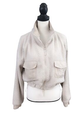 Mono B Cream Teddy Sherpa Zip Jacket with Front Flap Pockets and Drawcord Hem